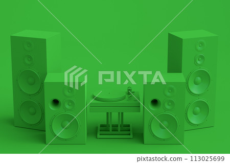 Set of Hi-fi speakers and DJ turntable for sound recording studio on monochrome 113025699