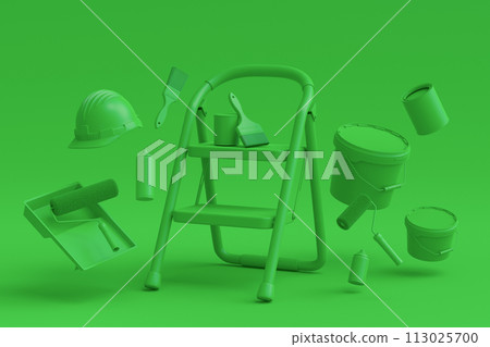 Set of folding ladder, bucket, helmet with paint rollers and brushes Set of folding ladder, bucket, helmet with paint rollers and brushes 113025700