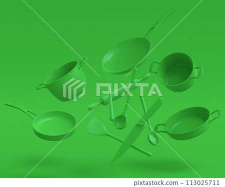 Set of flying stewpot, frying pan and plated cookware on monochrome background 113025711