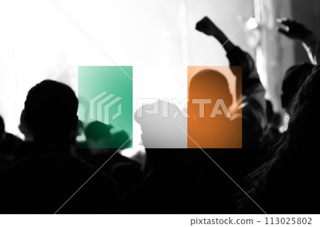 Ireland protest. Protests Dublin. People rise hand. Ireland flag. Demonstration. Out of focus 113025802