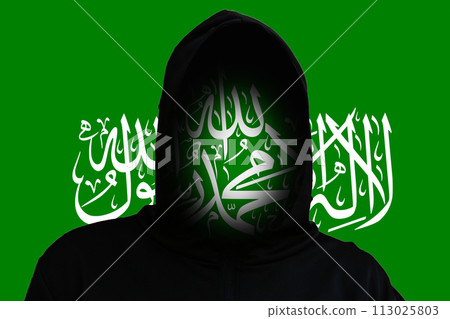 Incognito terrorist on the Flag Hamas background. Hamas between Israel and Palestine. Israel Palestine war. World crisis in Middle East. Rebellion. Rebel militant terrorist guerrilla concept 113025803