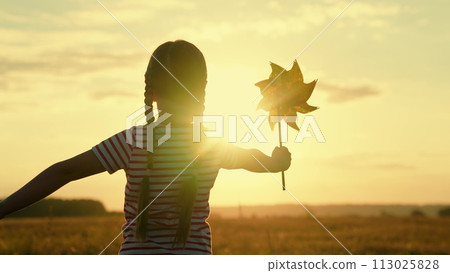 Cute little girl running with windmill pinwheel rotate toy at summer field sunset sunrise sky back view slowmo. Female kid child spinning wind turning plaything freedom childhood countryside meadow 113025828
