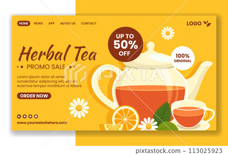 Herbal Tea Social Media Landing Page Cartoon Hand Drawn Templates Background Illustration 113025923