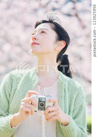 Women taking photos of cherry blossoms 113025950