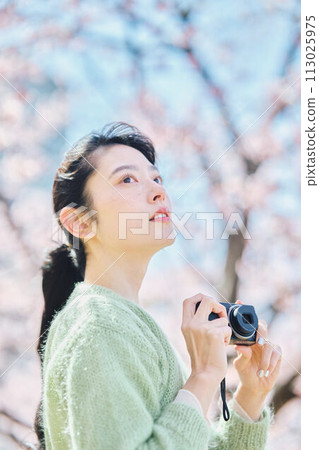 Women taking photos of cherry blossoms 113025975