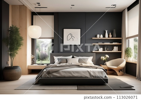 Interior of modern master bedroom with gray walls, wooden floor, comfortable king size bed and bookcase. 113026071