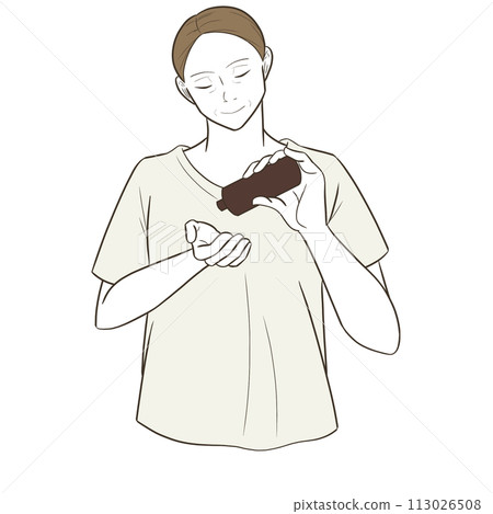 Middle-aged woman holding skin care products 113026508