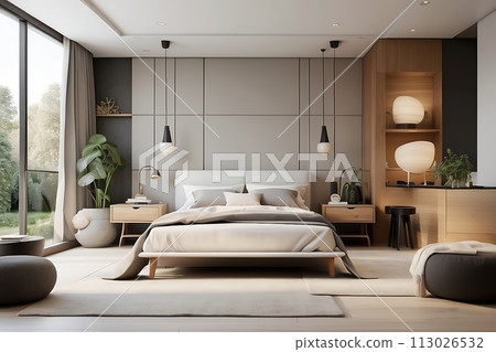 Interior of modern master bedroom with white walls, wooden floor, comfortable king size bed with black armchairs and coffee table. Interior of modern master bedroom with white walls, wooden floor, comfortable king size bed with black armchairs and coffee table. 113026532
