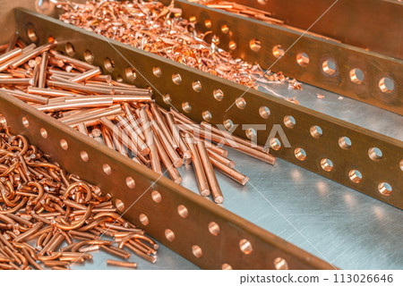 Copper scrap, raw material industry on metal background Copper scrap, raw material industry on metal background 113026646
