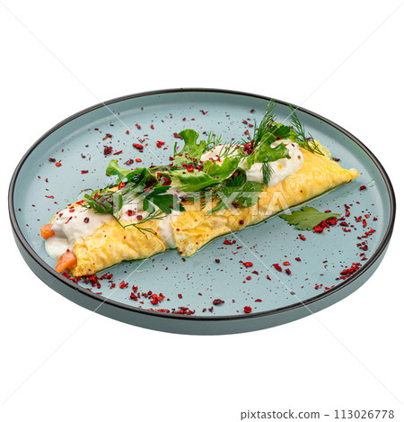 Portion of rolled omelette with salmon Portion of rolled omelette with salmon 113026778