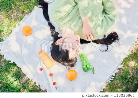A woman enjoying a picnic 113026965