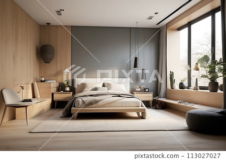 Interior of modern bedroom with wooden walls, wooden floor and comfortable king size bed. Interior of modern bedroom with wooden walls, wooden floor and comfortable king size bed. 113027027