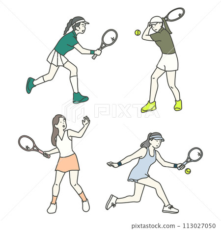 Illustration of a woman playing tennis in various positions Illustration of a woman playing tennis in various positions 113027050