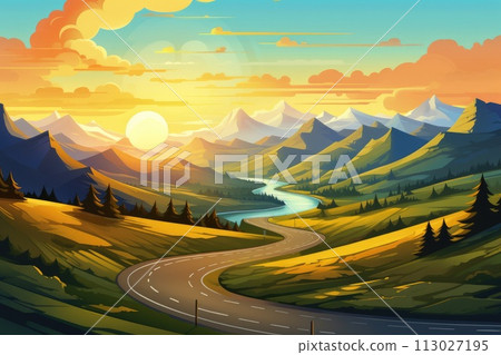 AI-generated content. asphalt road in mountain summer landscape at sunset illustration 113027195