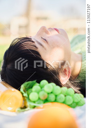 A woman enjoying a picnic 113027197