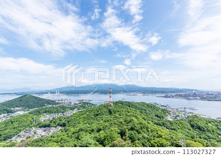 Muroran City, Hokkaido - Muroran cityscape in summer seen from a hill Muroran City, Hokkaido - Muroran cityscape in summer seen from a hill 113027327