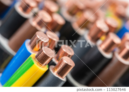 Electric copper wire used in electrical installation, macro view 113027646