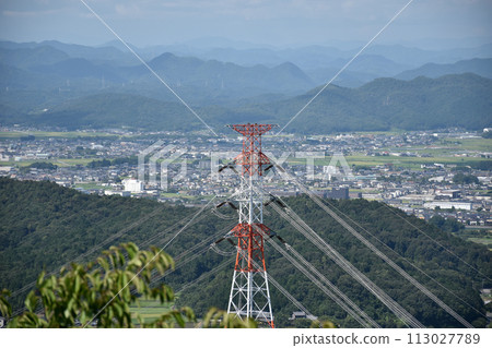 View from the top of the mountain, red and white steel tower 113027789