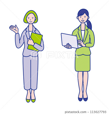Full-body illustration material of a woman with a laptop and document files [set] 113027793