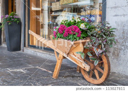 Wooden wheelbarrow with blooming flowers decoration on street Wooden wheelbarrow with blooming flowers decoration on street 113027811