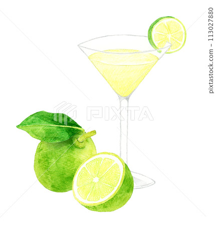 Gimlet和酸橙飲料（酒精）手繪水彩插畫素材 113027880