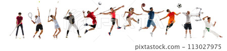Collage made of various athletes in different sports training isolated over white background. Development of movement Collage made of various athletes in different sports training isolated over white background. Development of movement 113027975