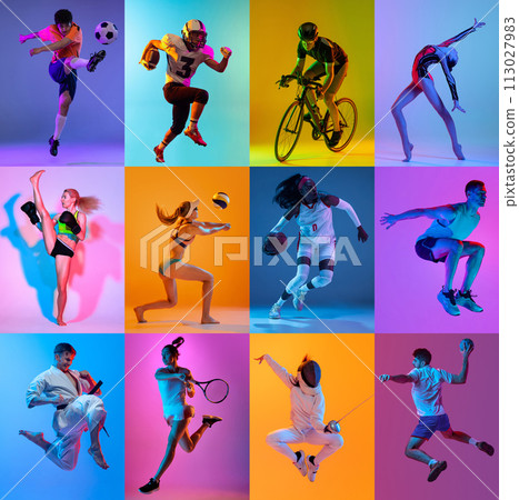 Collage made of young multiethnic people, men and women, athletes of different sports in motion against multicolored background in neon light Collage made of young multiethnic people, men and women, athletes of different sports in motion against multicolored background in neon light 113027983