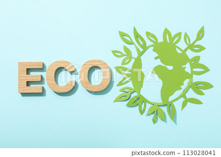 The word eco with a paper model of the Earth The word eco with a paper model of the Earth 113028041