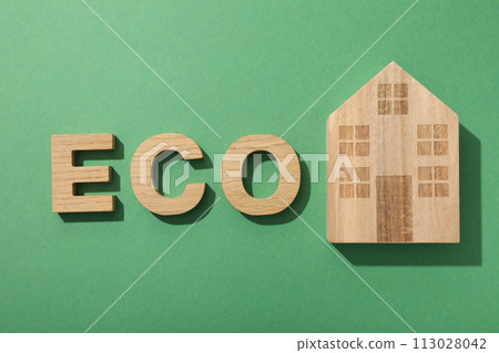 Eco house concept, wooden house with the word eco Eco house concept, wooden house with the word eco 113028042