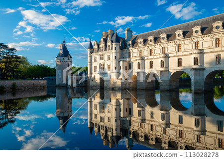 Chateau de Chenonceau is a french castle spanning the River Cher near Chenonceaux village, Loire valley in France Chateau de Chenonceau is a french castle spanning the River Cher near Chenonceaux village, Loire valley in France 113028278