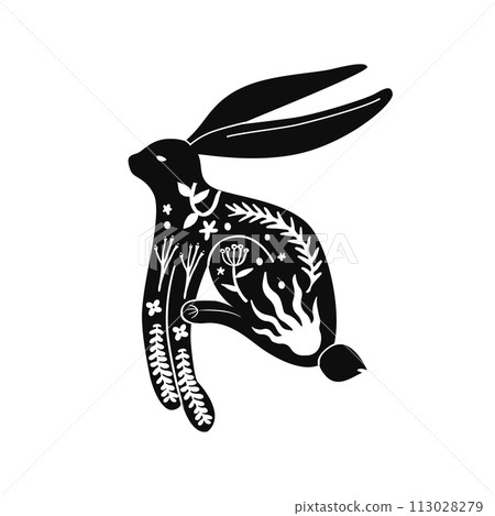Hand drawn Decorative Easter Bunny Linocut Hand drawn Decorative Easter Bunny Linocut 113028279