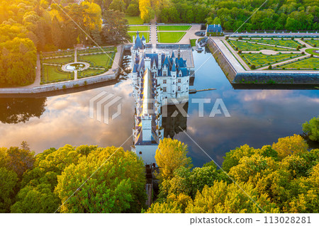 Chateau de Chenonceau is a french castle spanning the River Cher near Chenonceaux village, Loire valley in France Chateau de Chenonceau is a french castle spanning the River Cher near Chenonceaux village, Loire valley in France 113028281