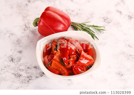 Pickled red bell pepper in the bowl Pickled red bell pepper in the bowl 113028399