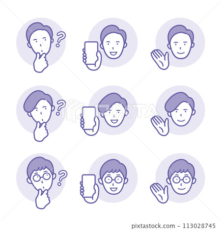 A round icon of a man tilting his head in doubt, holding a smartphone, and pointing with his hand [1 color] [Set] 113028745