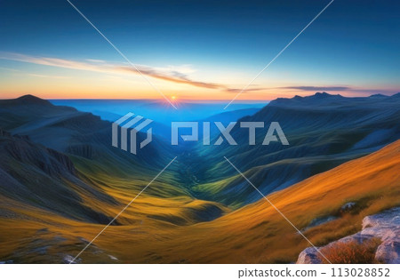 Capture the serene beauty of sunrise over rolling mountain valleys 113028852