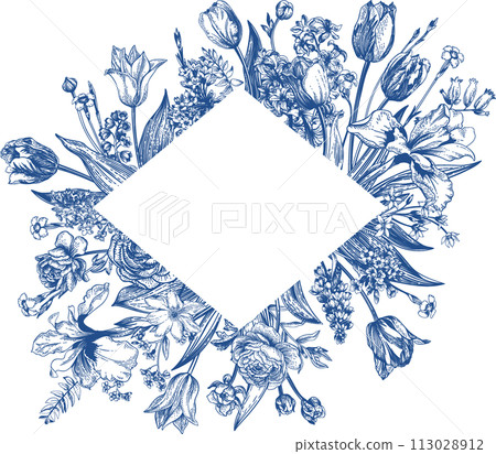 Rhombus frame with garden flowers. Floral illustration. Blue drawing. Iris, hyacinth, tulip, forget-me-not, cloves, anemone. Rhombus frame with garden flowers. Floral illustration. Blue drawing. Iris, hyacinth, tulip, forget-me-not, cloves, anemone. 113028912