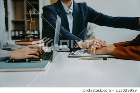 Legal advisers encourage clients. Justice and lawyer concept in the office. Legal advisers encourage clients. Justice and lawyer concept in the office. 113028959