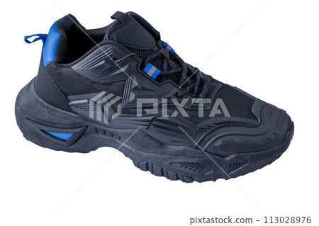 Black sneakers with thick rubber soles. Sports casual shoes. Modern footwear isolated on white background 113028976