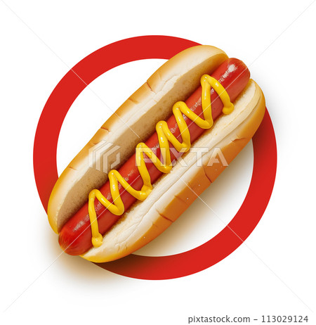Iconic fast food hot dog with mustard on a red prohibited road sign isolated on white background 113029124