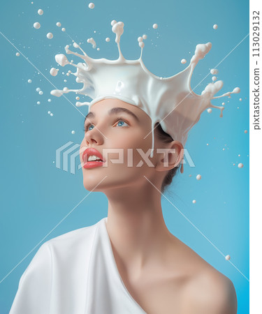 Woman with a dynamic milk splash crown looking upwards on a blue background 113029132