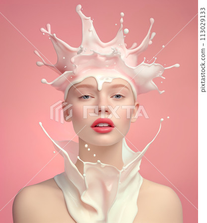 Woman with a strawberry milkshake splash crown and collar on a pink background 113029133