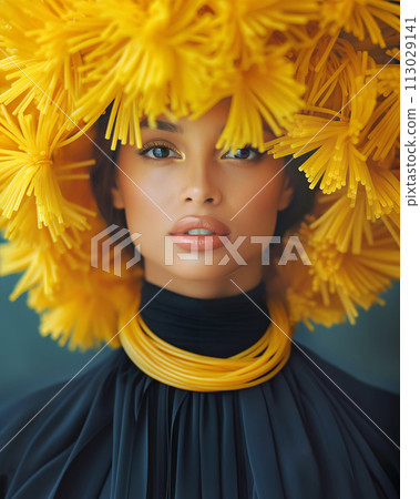 Woman close up, with spaghetti hair and necklace, surreal food fashion 113029141