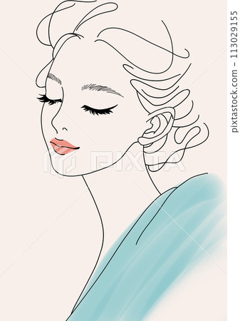 A woman in blue clothes with her eyes closed A woman in blue clothes with her eyes closed 113029155