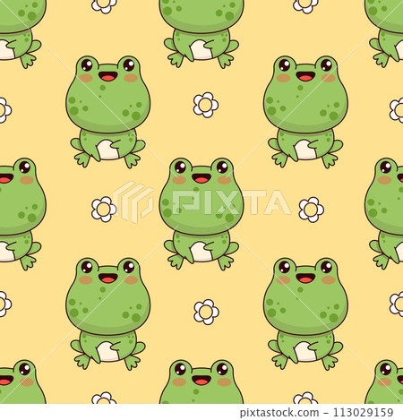Seamless pattern with frogs on yellow background with daisy flowers. Cute kawaii animal character. Vector illustration. Kids collection. 113029159
