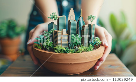 Handcrafted paper cityscape with greenery, promoting urban sustainability. 113029249