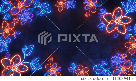 Neon Floral Glow, Vivid Luminous Flowers on Dark Background for Vibrant Designs Neon Floral Glow, Vivid Luminous Flowers on Dark Background for Vibrant Designs 113029416