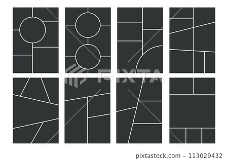 Grid template for photo collage. Vector mood board. Page with frames. Simple layout mosiac with roundes. Gray at the white background 113029432
