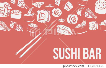 Sushi bar, Asian food background with various sushi rolls and chopsticks Sushi bar, Asian food background with various sushi rolls and chopsticks 113029436