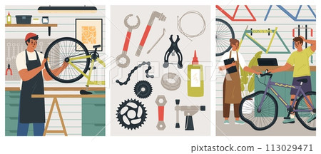 Bicycle workshop vector illustration isolated scene set 113029471