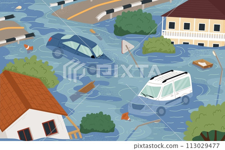 Damaged cityscape with floating transport on flooded street 113029477